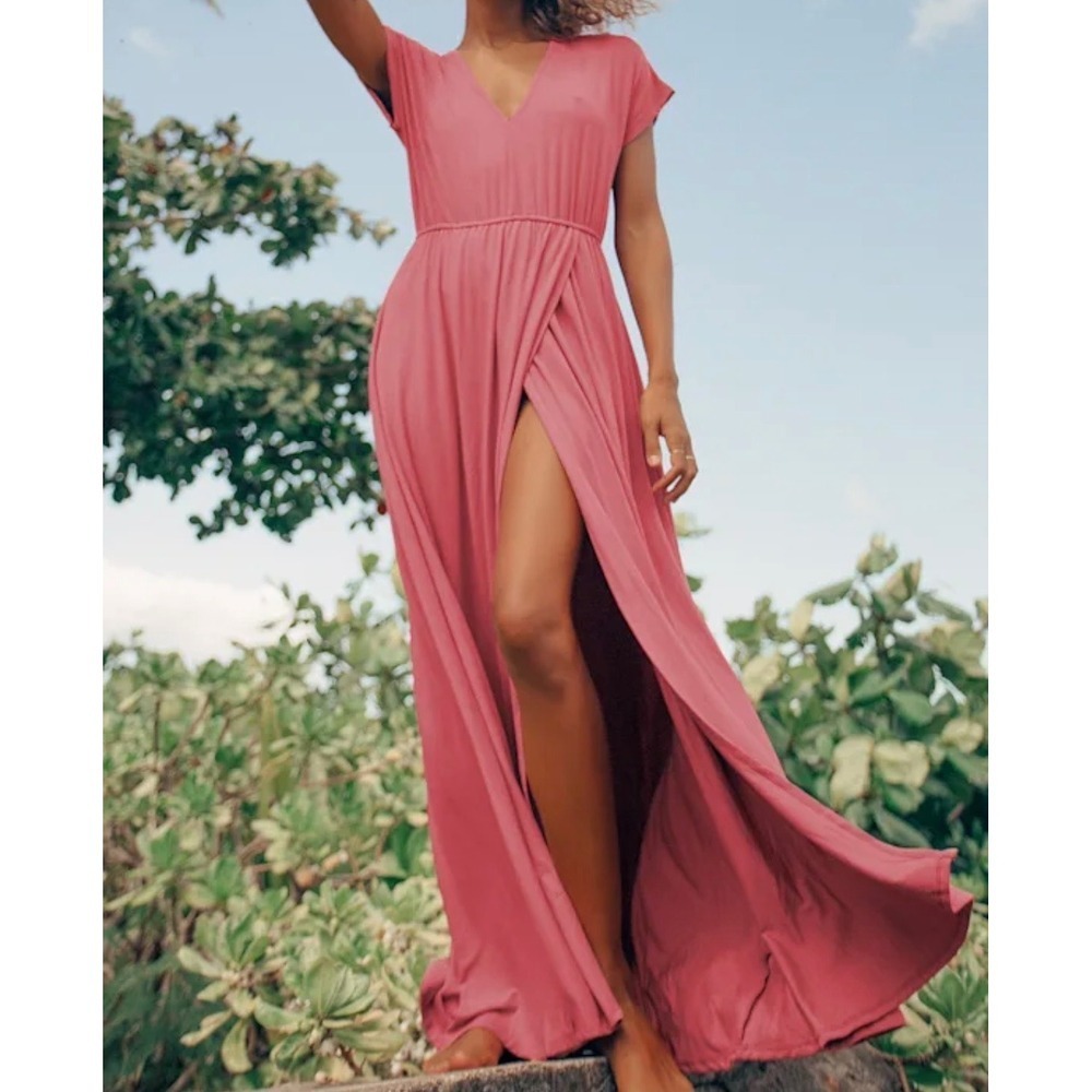 Lulus Easy for Me Rusty Rose Short Sleeve Maxi Dress V-Neck Slit Pink Large NEW